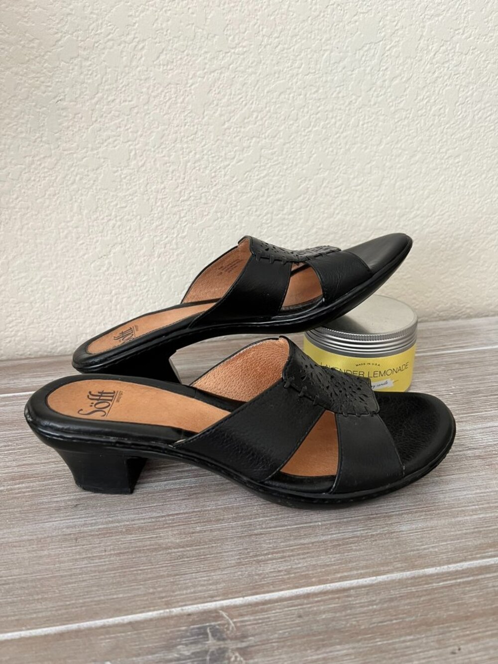 Söfft Black Leather Slide Sandals Kitten Heel Floral Cutout Comfort Shoes 7.5